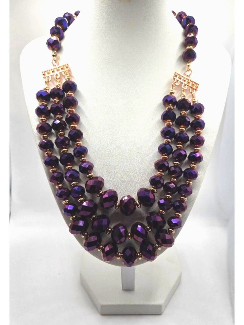 Purple Multi-Strand Faceted Bead Necklace With Gold-Tone Spacers & Adjustable Lo